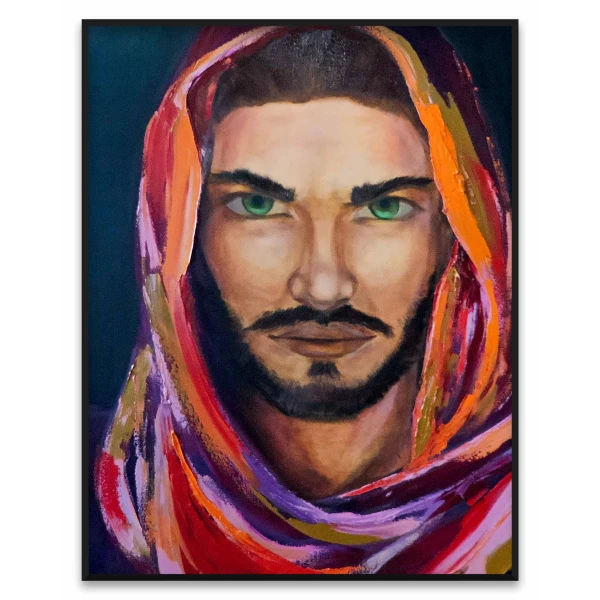 Preview Image: A detailed oil painting depicting a bearded man with striking green eyes, adorned in a vividly colored abstract hood against a dark background. The artwork masterfully blends realistic portraiture with bold, expressive brushstrokes.