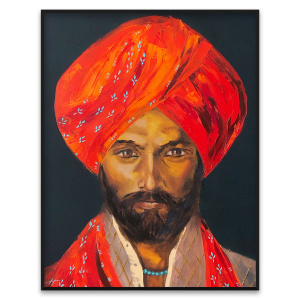 Preview Image: Oil portrait of a man in red turban by Nekol titled "Train to Pakistan", painted on 70x90 cm canvas.