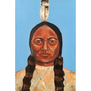 Oil painting of a Native American man with braids and feather headdress, wearing traditional attire against a blue background.