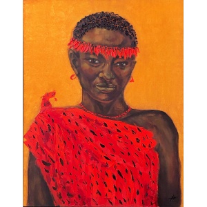 Portrait of a person in red traditional clothing with headband and necklace, painted in expressive style on canvas.