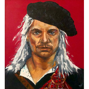 Oil painting 'Honour' by Nekol (Olga Nekrasova): portrait of a man with long white hair, black beret, and tartan clothing on a red background.