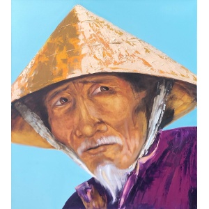 Oil painting of an elderly man in traditional East Asian attire: a conical hat and purple garment, against a blue background; By artist Olga Nekrasova