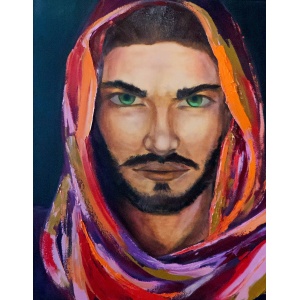 A detailed oil painting of a bearded man with green eyes, wearing a vividly colored abstract hood against a dark background, blending realistic portraiture with bold expressionistic strokes.