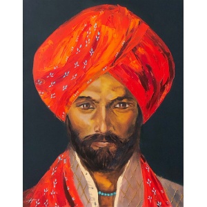 Oil portrait of a man in red turban by Nekol titled "Train to Pakistan", painted on 70x90 cm canvas.