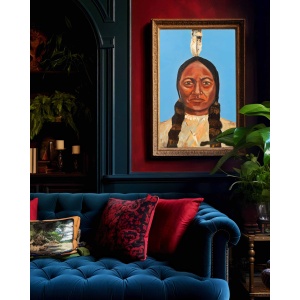 Oil painting of a Native American man with braids and feather headdress, wearing traditional attire against a blue background.