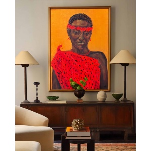Oil painting 'Elegance' by Nekol (Olga Nekrasova): Portrait of a person in red traditional clothing with headband and necklace, painted in expressive style on canvas; as part of an interior décor.