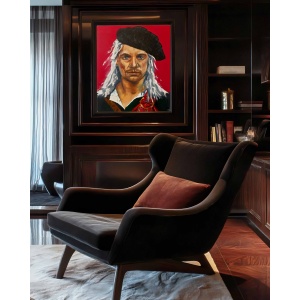 Oil painting 'Honour' by Nekol (Olga Nekrasova): portrait of a man with long white hair, black beret, and tartan clothing on a red background; as part of an interior décor.