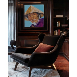 Oil painting of an elderly man in traditional East Asian attire: a conical hat and purple garment, against a blue background; By artist Olga Nekrasova