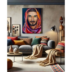 Interior preview: The oil painting 'Sirocco' displayed in a home setting, showing how its vibrant portrait with realistic details and expressionistic colors complements modern décor.