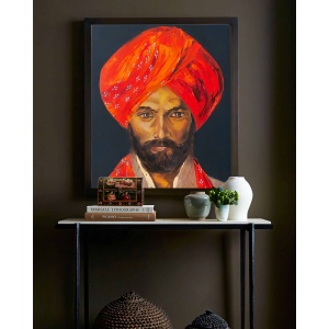 Interior preview: The oil painting "Train to Pakistan" displayed in a home setting, showing how its vibrant portrait with realistic details and expressionistic colors complements modern décor.