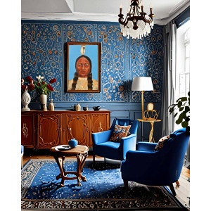 Oil painting of a Native American man with braids and feather headdress, wearing traditional attire against a blue background.