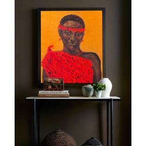 Oil painting 'Elegance' by Nekol (Olga Nekrasova): Portrait of a person in red traditional clothing with headband and necklace, painted in expressive style on canvas; as part of an interior décor.
