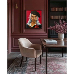 Oil painting 'Honour' by Nekol (Olga Nekrasova): portrait of a man with long white hair, black beret, and tartan clothing on a red background; as part of an interior décor.