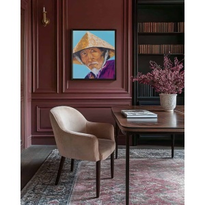 Oil painting of an elderly man in traditional East Asian attire: a conical hat and purple garment, against a blue background; By artist Olga Nekrasova