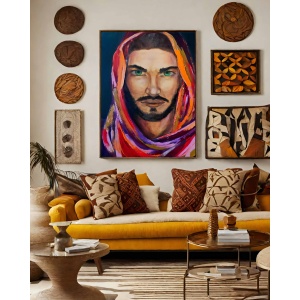 Interior preview: The oil painting 'Sirocco' displayed in a home setting, showing how its vibrant portrait with realistic details and expressionistic colors complements modern décor.
