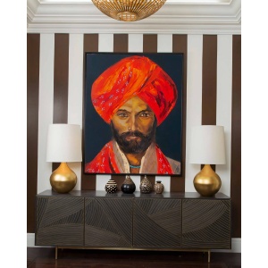 Interior preview: The oil painting "Train to Pakistan" displayed in a home setting, showing how its vibrant portrait with realistic details and expressionistic colors complements modern décor.