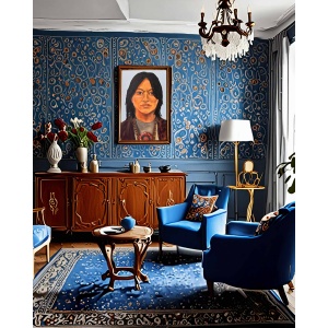 Interior preview: The oil painting 'Whisper of the Earth' displayed in a home setting, showing how its vibrant portrait with realistic details and expressionistic colors complements modern décor.