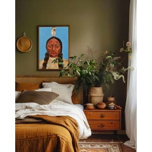 Oil painting of a Native American man with braids and feather headdress, wearing traditional attire against a blue background.