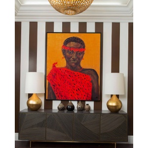 Oil painting 'Elegance' by Nekol (Olga Nekrasova): Portrait of a person in red traditional clothing with headband and necklace, painted in expressive style on canvas; as part of an interior décor.