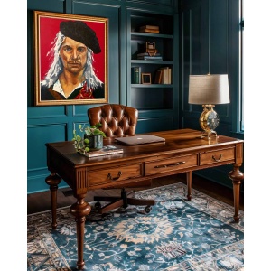 Oil painting 'Honour' by Nekol (Olga Nekrasova): portrait of a man with long white hair, black beret, and tartan clothing on a red background; as part of an interior décor.