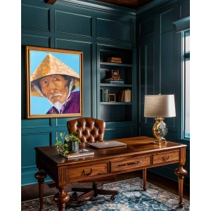 Oil painting of an elderly man in traditional East Asian attire: a conical hat and purple garment, against a blue background; By artist Olga Nekrasova