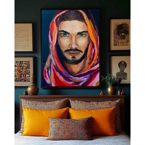 Interior preview: The oil painting 'Sirocco' displayed in a home setting, showing how its vibrant portrait with realistic details and expressionistic colors complements modern décor.