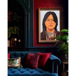 Interior preview: The oil painting 'Whisper of the Earth' displayed in a home setting, showing how its vibrant portrait with realistic details and expressionistic colors complements modern décor.