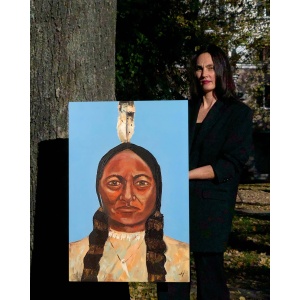 Oil painting of a Native American man with braids and feather headdress, wearing traditional attire against a blue background.