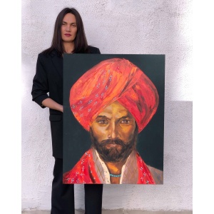 Artist Nekol with her artwork "Train to Pakistan", size 28x35 inch / 70x90cm
