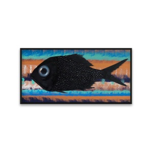 Preview Image: Black fish oil painting on abstract striped background in blue, orange, and white tones, by Nekol, titled “Fish #1”, 39x20 inch canvas.