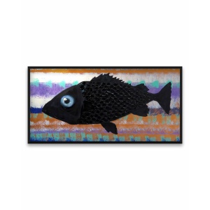 Preview Image: A surreal black fish oil painting on a textured, colorful striped background, from the series “Of Fish and Scape” by Nekol.