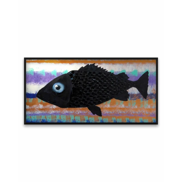 Preview Image: A surreal black fish oil painting on a textured, colorful striped background, from the series “Of Fish and Scape” by Nekol.