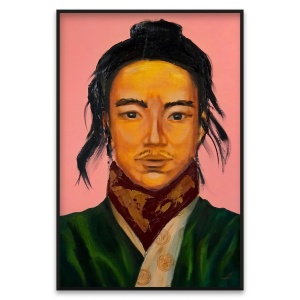 Preview Image: Oil portrait of a calm Eastern man in traditional clothing on pink background, by Nekol.