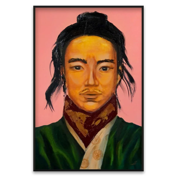 Preview Image: Oil portrait of a calm Eastern man in traditional clothing on pink background, by Nekol.
