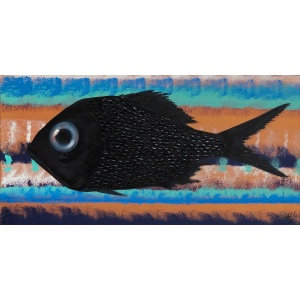 Black fish oil painting on abstract striped background in blue, orange, and white tones, by Nekol.