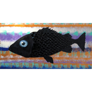 A surreal black fish oil painting on a textured, colorful striped background, from the series “Of Fish and Scape” by Nekol.