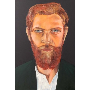 Expressive oil portrait of an Irish man with red beard by artist Nekol, titled “Red Flame”, 28x35 inch canvas.