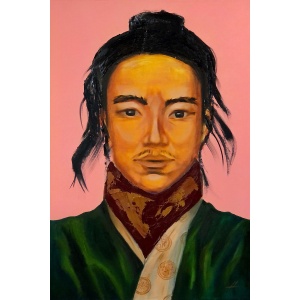 Oil portrait of a calm Eastern man in traditional clothing on pink background, by Nekol.