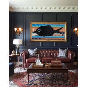 Nekol’s Fish #1 oil painting in a home interior: a textured black fish on abstract blue, orange, and white stripes, adding vibrant contrast.