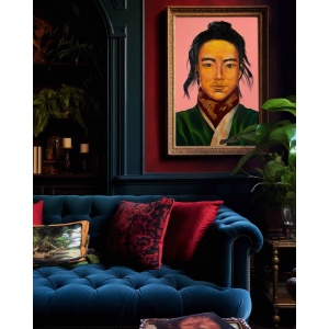 Interior preview: Oil portrait of a calm Eastern man in traditional clothing on pink background, by Nekol.