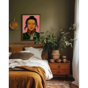 Interior preview: Oil portrait of a calm Eastern man in traditional clothing on pink background, by Nekol.