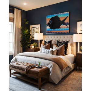 Nekol’s Fish #1 oil painting in a home interior: a textured black fish on abstract blue, orange, and white stripes, adding vibrant contrast.