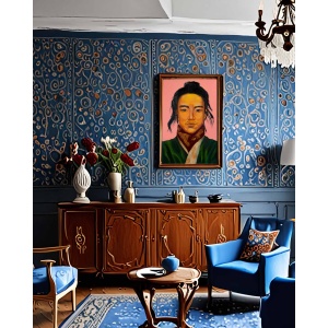 Interior preview: Oil portrait of a calm Eastern man in traditional clothing on pink background, by Nekol.