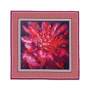 A luxurious square scarf printed with a bold red peony painting, designed by artist Nekol on silky satin fabric.