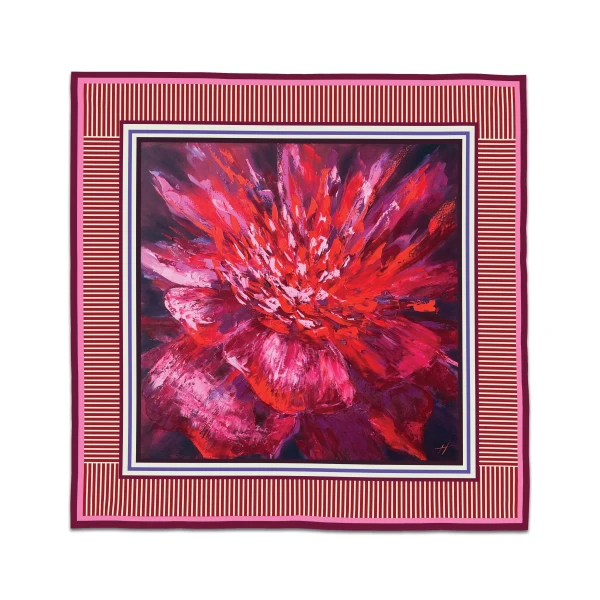 A luxurious square scarf printed with a bold red peony painting, designed by artist Nekol on silky satin fabric.