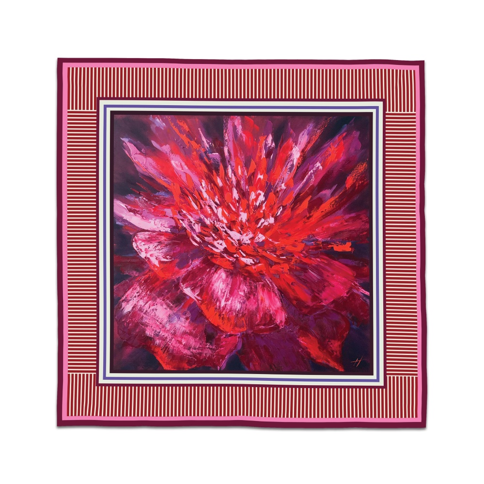 A luxurious square scarf printed with a bold red peony painting, designed by artist Nekol on silky satin fabric.