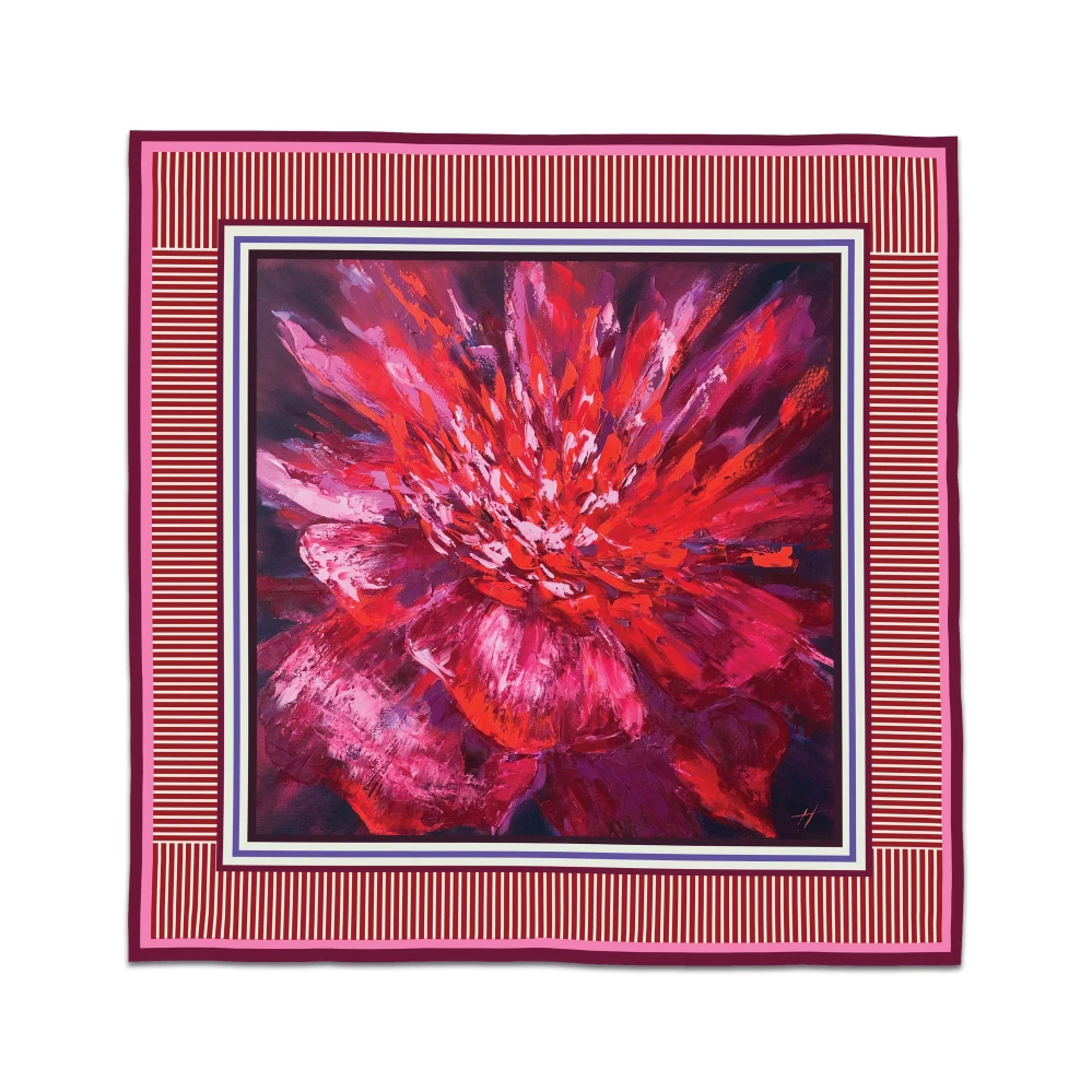 A luxurious square scarf printed with a bold red peony painting, designed by artist Nekol on silky satin fabric.