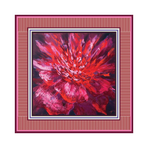 A luxurious square scarf printed with a bold red peony painting, designed by artist Nekol on silky satin fabric.