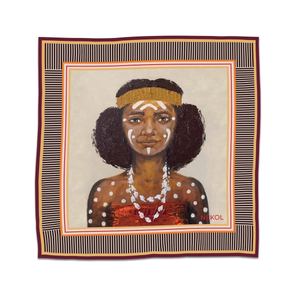 Silk-like scarf “Fille du Pacifique” with portrait of a Pacific Island girl on a striped geometric border, inspired by Nekol’s painting “Ocean’s Whisper”