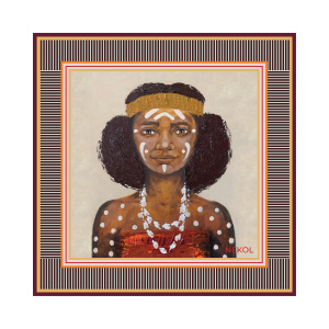 Silk-like scarf “Fille du Pacifique” with portrait of a Pacific Island girl on a striped geometric border, inspired by Nekol’s painting “Ocean’s Whisper”